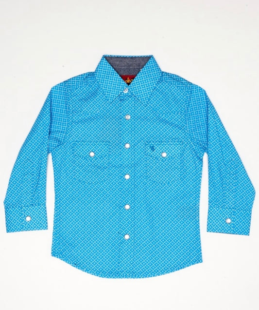 YOUTH/BOYS BLUE PRINT LONG SLEEVE PEARL SNAP