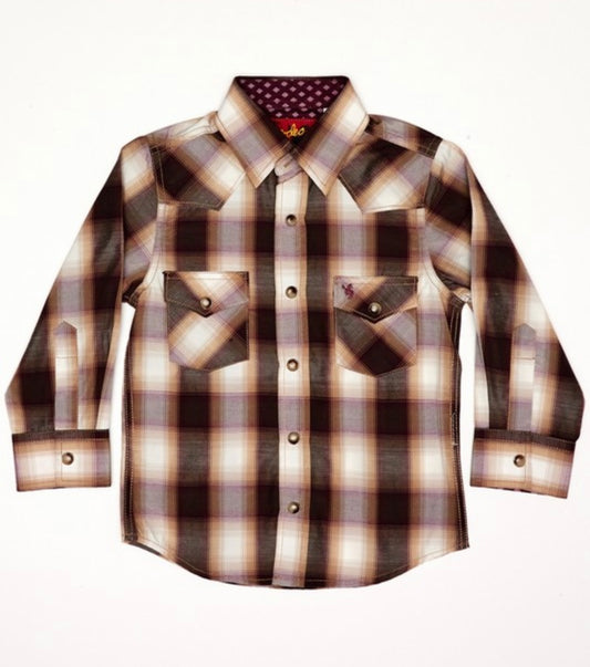 YOUTH/BOYS BROWN PLAID LONG SLEEVE PEARL SNAP