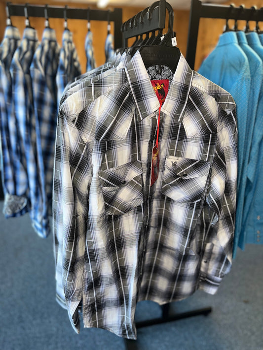 MEN'S GREY & BLUE PLAID LONG SLEEVE SNAP SHIRT