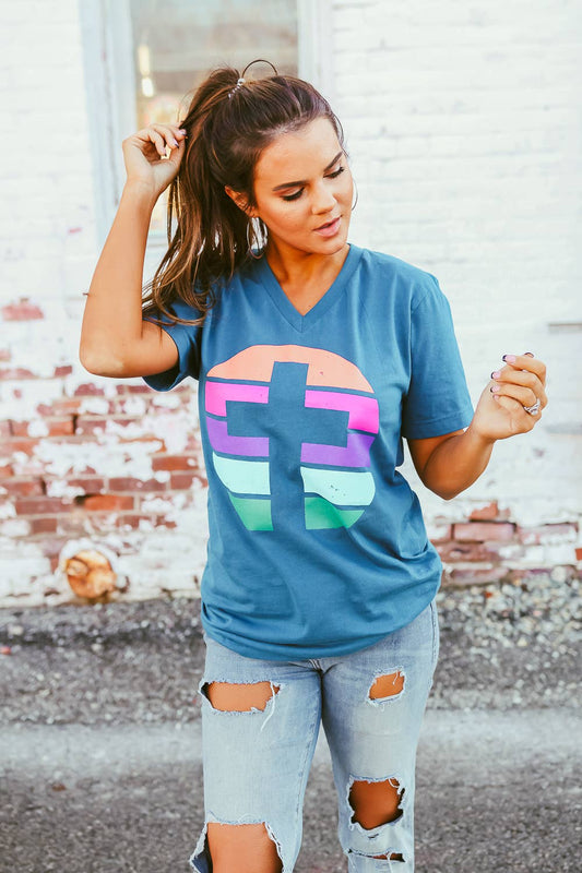 Spring Cross | Teal | Vneck | Short Sleeve